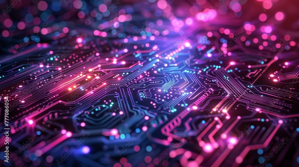 Poster a computer chip with a purple background. the chip is made up of many small squares, each with a dif