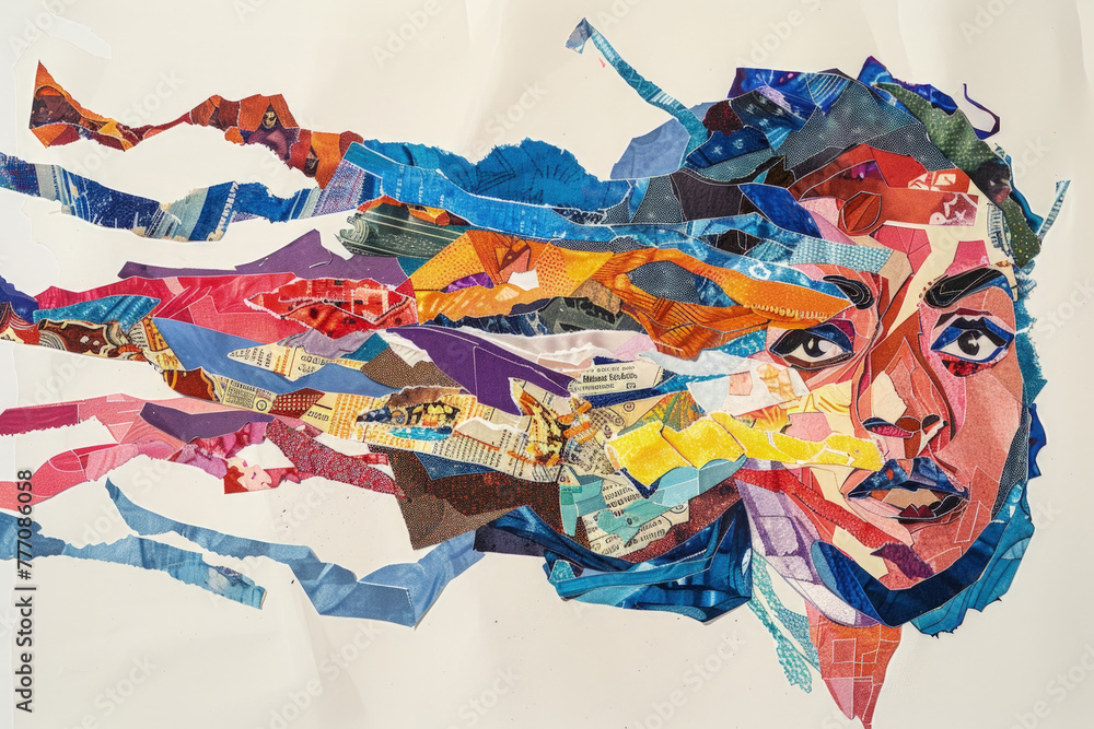 Poster a vivid and artistic paper collage of a womans face intricately arranged with various colors and pat