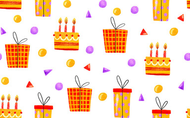 Seamless background with cakes and gifts. Happy birthday. Children's hand-drawn background for birthdays and children's holidays.