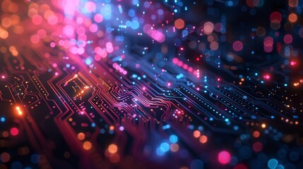 A colorful image of a circuit board with many small dots. The image has a futuristic and technological vibe - obrazy, fototapety, plakaty