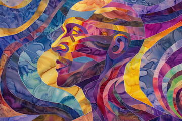 A colorful quilted artwork with an abstract design of a human face entwined with swirling patterns