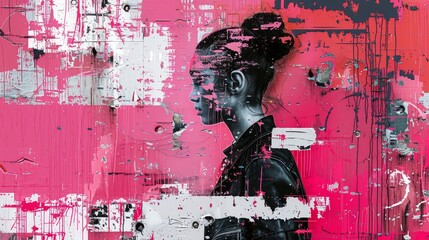 A woman is painted on a pink background with a black jacket. The woman is wearing a necklace and has a ponytail. The painting is abstract and has a lot of splatters and paint