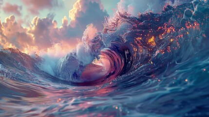A wave in the ocean with a pink and orange sky in the background. The water is blue and the sky is cloudy - obrazy, fototapety, plakaty