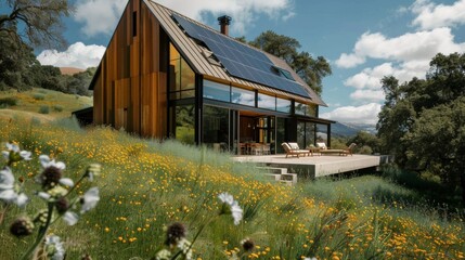 A minimalist home built into a hillside with its angular metal roof adorned with a patchwork of solar panels. . .