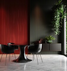 3D rendering of a modern minimalistic dining room interior with a black table and chairs, 