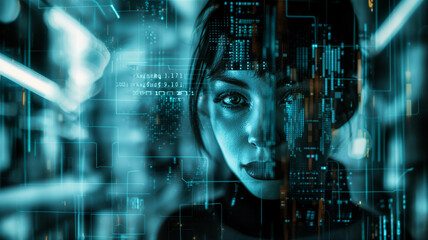 Digital Woman Illuminated by Digital Code and Light Streams - Cyber Security Quantum Computing - AI Singularity Avatar.