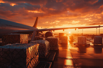 Loading cargo on a plane at vibrant orange pink sunset in the background. Golden hour at the airport.