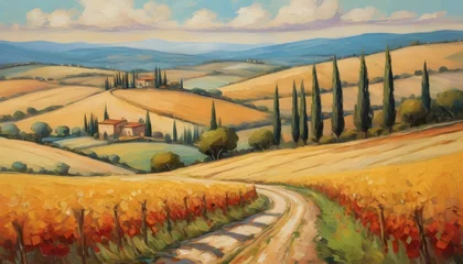 Fotobehang Vintage tuscan oil landscape painting of summer fields, cypress trees and winding road, neutral tones © LilithArt