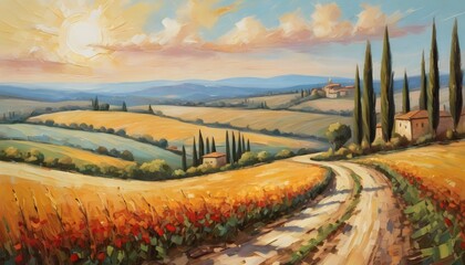 Vintage tuscan oil landscape painting of summer fields, cypress trees and winding road, neutral tones - obrazy, fototapety, plakaty