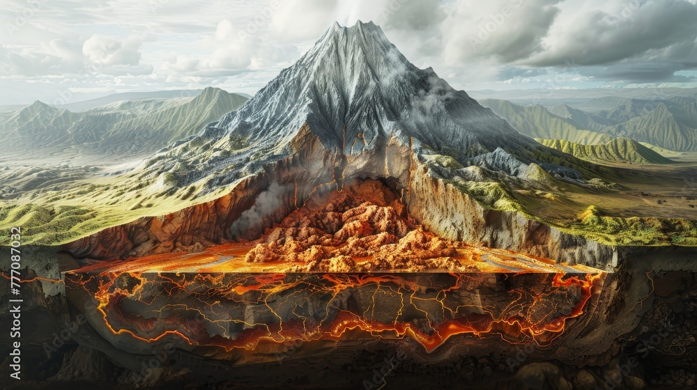 Poster a volcano is shown with a mountain range in the background. the volcano is erupting and spewing lava