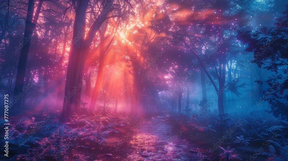 Poster a forest with trees in the background and a path in the foreground. the trees are glowing with a rai
