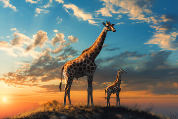 Mother giraffe and six week old baby calf standing together on a hilltop looking out into sunrise in partially cloudy sky.