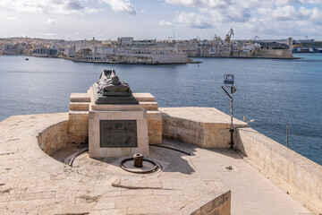 Panoramic view of Valletta bay, Malta and the Grand Harbour from the Siege bell war memorial
