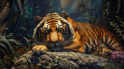 A tiger is laying on a rock in a jungle. The tiger is looking at the camera with a fierce expression. The jungle setting creates a sense of adventure and wildness