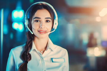 Pleasant female woman in white uniform and white headset ready to ask: "How can I help you?" at call center.