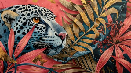 A painting of a leopard in a jungle with gold leaf accents. The painting has a warm, tropical feel to it, with the bright colors of the flowers