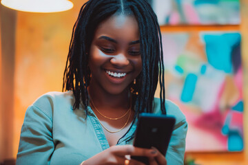 Portrait of a Smiling Young Black Woman Browsing Internet and Social Networks on Her Smartphone. Young Female Manager Checking Dating Apps, Shopping Online, Messaging Friends and Family