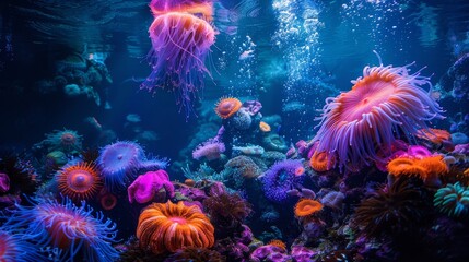 A colorful coral reef with many different types of sea creatures. The colors are bright and vibrant, creating a lively and energetic atmosphere