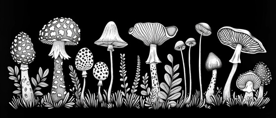Black and white illustration whimsical mushrooms on black background