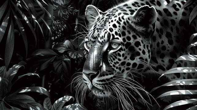 A black and white photo of a leopard in a jungle. Scene is mysterious and captivating