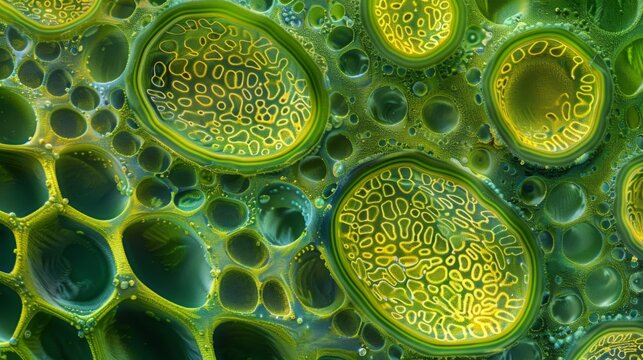 A high magnification image of a chloroplast revealing the detailed intricacies of its inner structure including thylakoid membranes