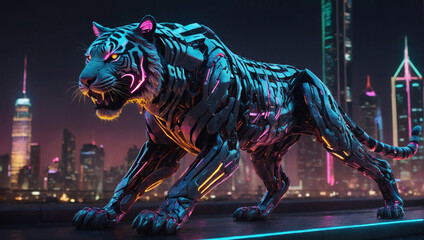 A dazzlingly sleek, cybernetic tiger prowler prowls across a neon-lit cityscape, its armored body gleaming with pulsating plasma energy.