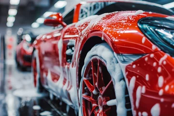 Foto op Plexiglas Red Sports car Wheels Covered in Shampoo Being Rubbed by a Soft Sponge at a Stylish Dealership Car Wash. Performance Vehicle Being Washed in a Detailing Studio © VisualProduction