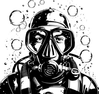 Black and white portrait of a scuba diver wearing mask and regulator | Vectorised illustration