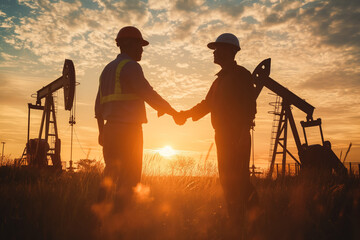 Silhouette of two engineers handshaking and making corporate contract outside in front of oil pump. People in helmets working in field at the oil.