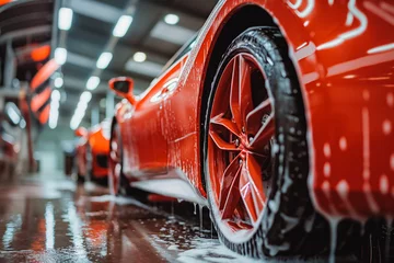 Foto op Plexiglas Red Sports car Wheels Covered in Shampoo Being Rubbed by a Soft Sponge at a Stylish Dealership Car Wash. Performance Vehicle Being Washed in a Detailing Studio © VisualProduction