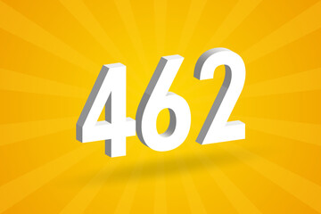 3D 462 number font alphabet. White 3D Number 462 with yellow background