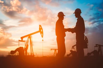 Rolgordijnen Silhouette of two engineers handshaking and making corporate contract outside in front of oil pump. People in helmets working in field at the oil. © VisualProduction