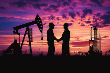 Foto op Plexiglas Silhouette of two engineers handshaking and making corporate contract outside in front of oil pump. People in helmets working in field at the oil. © VisualProduction