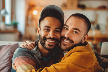 Smiling homosexual couple hugging and looking at camera in living room - obrazy, fototapety, plakaty