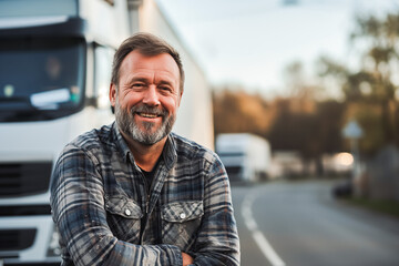 Smiling middle aged man truck driver posing with truck in the background. - obrazy, fototapety, plakaty
