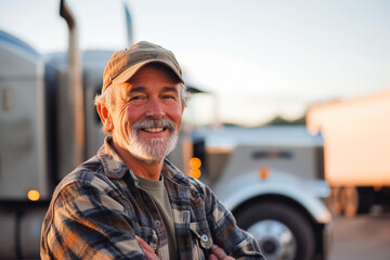 Smiling middle aged man truck driver posing with truck in the background. - obrazy, fototapety, plakaty