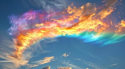 A rainbow is seen in the sky with a blue background. The rainbow is very colorful and bright, and it seems to be stretching across the sky. Scene is joyful and uplifting