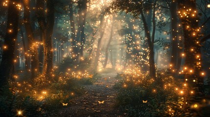 A forest with glowing lights and butterflies flying around