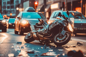 Traffic accident. Crashed motorcycle and car on city street at dusk. Traffic lights blurred in the...