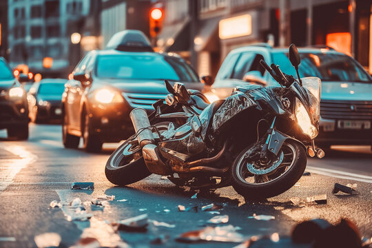 Traffic accident. Crashed motorcycle and car on city street at dusk. Traffic lights blurred in the background