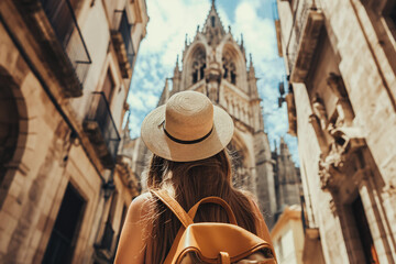 Travel to Spain. Traveler girl looking at Cathedral in old town of Spanish city. Young backpacker tourist in solo travel. Vacation, holiday, trip