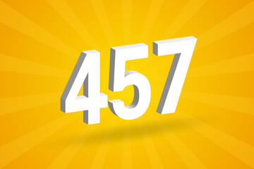 3D 457 number font alphabet. White 3D Number 457 with yellow background