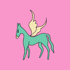 Cute horse with wings. Vintage magic cartoon style. Retro style, hand drawn vector illustration.