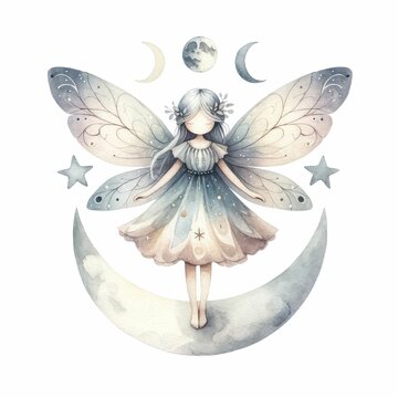 recommend clip art: Moon fairy with lunar motifs. watercolor illustration, Perfect for nursery art, Magical and mysterious illustration, on white background.