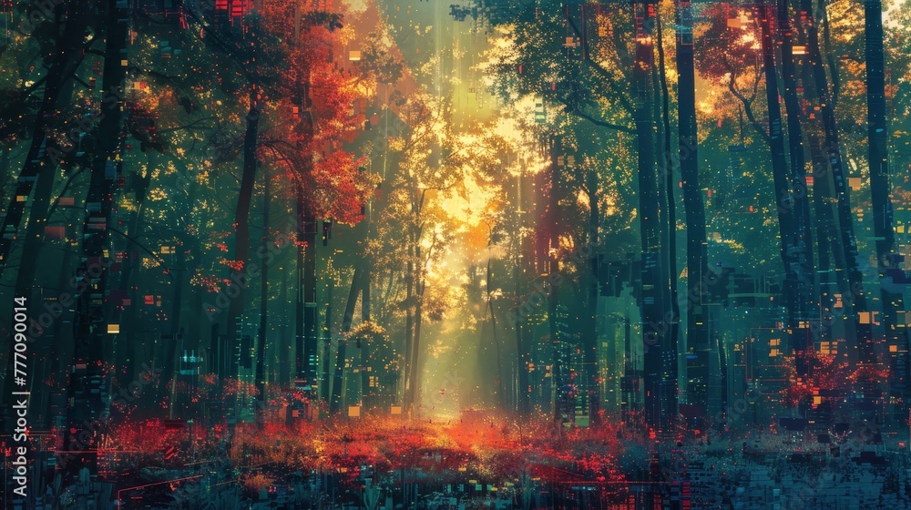 Poster a forest with trees and a path. the trees are green and brown and the path is red