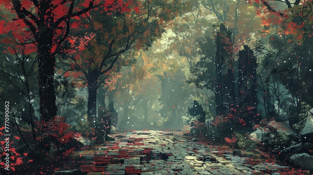 Poster a forest with a path through it. the path is covered in leaves and snow