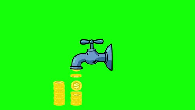 Tap and money pies cartoon animation greenbox. Moving stopcock. Business subject. Dollars forming money piles.
