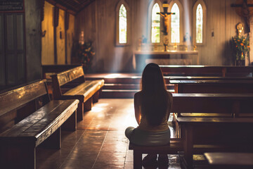 Religious unrecognizable Woman sitting alone in silence in small empty church and praying - obrazy, fototapety, plakaty