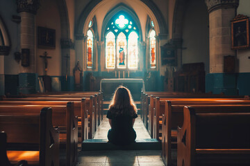 Religious unrecognizable Woman sitting alone in silence in small empty church and praying