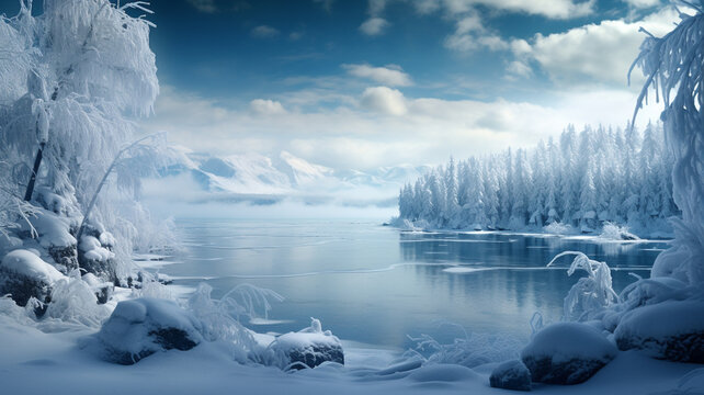 A frozen winter wonderland with snow-covered trees and a glistening icy lake.